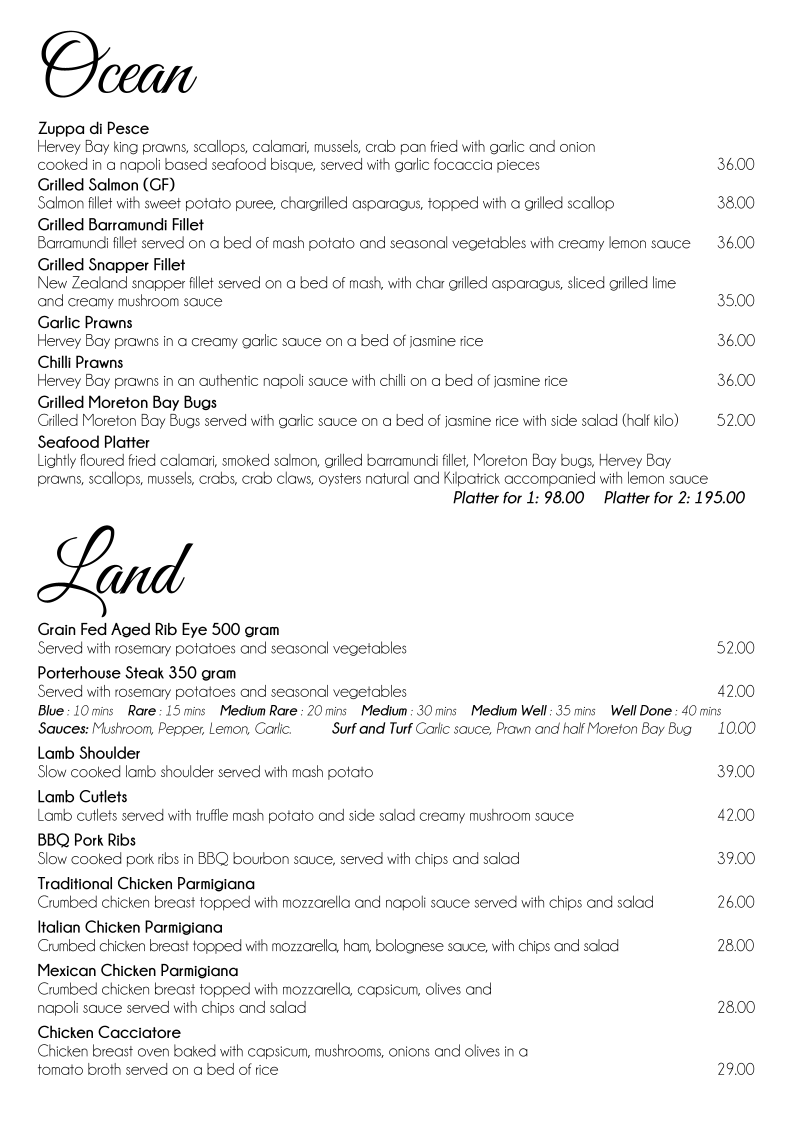 Menu, Frank's Ristorante