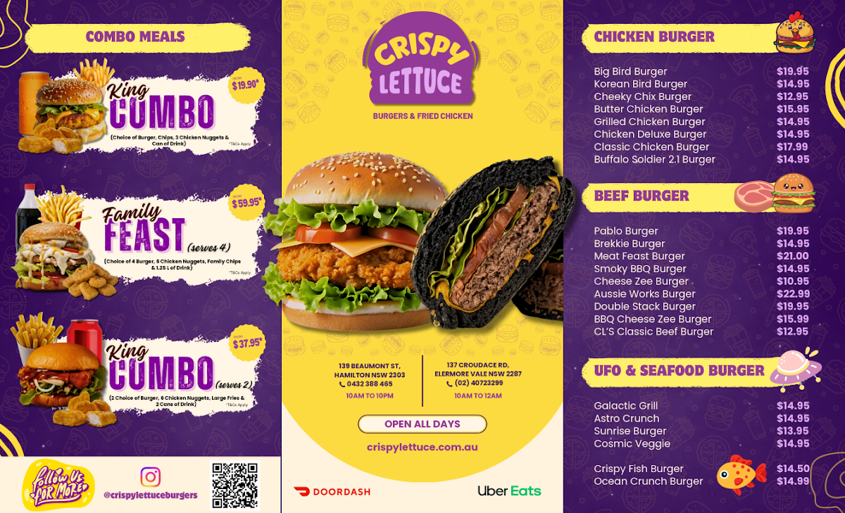 Menu, Crispy Lettuce Burgers & Fried Chicken (Hamilton)