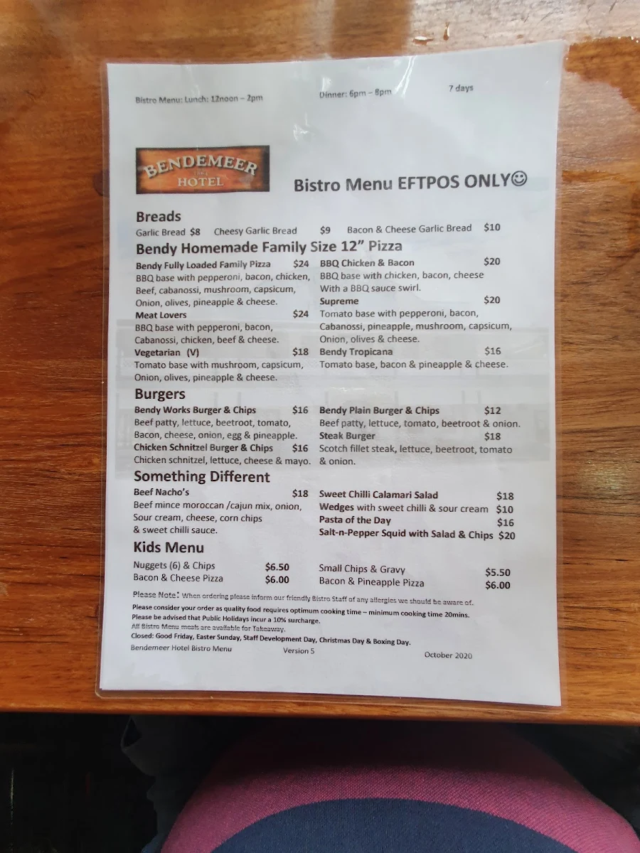 Menu, Bendemeer Hotel