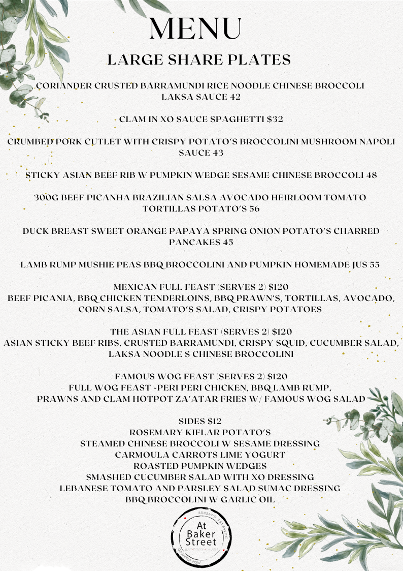 Menu, At Baker St Restaurant & Bar Gosford