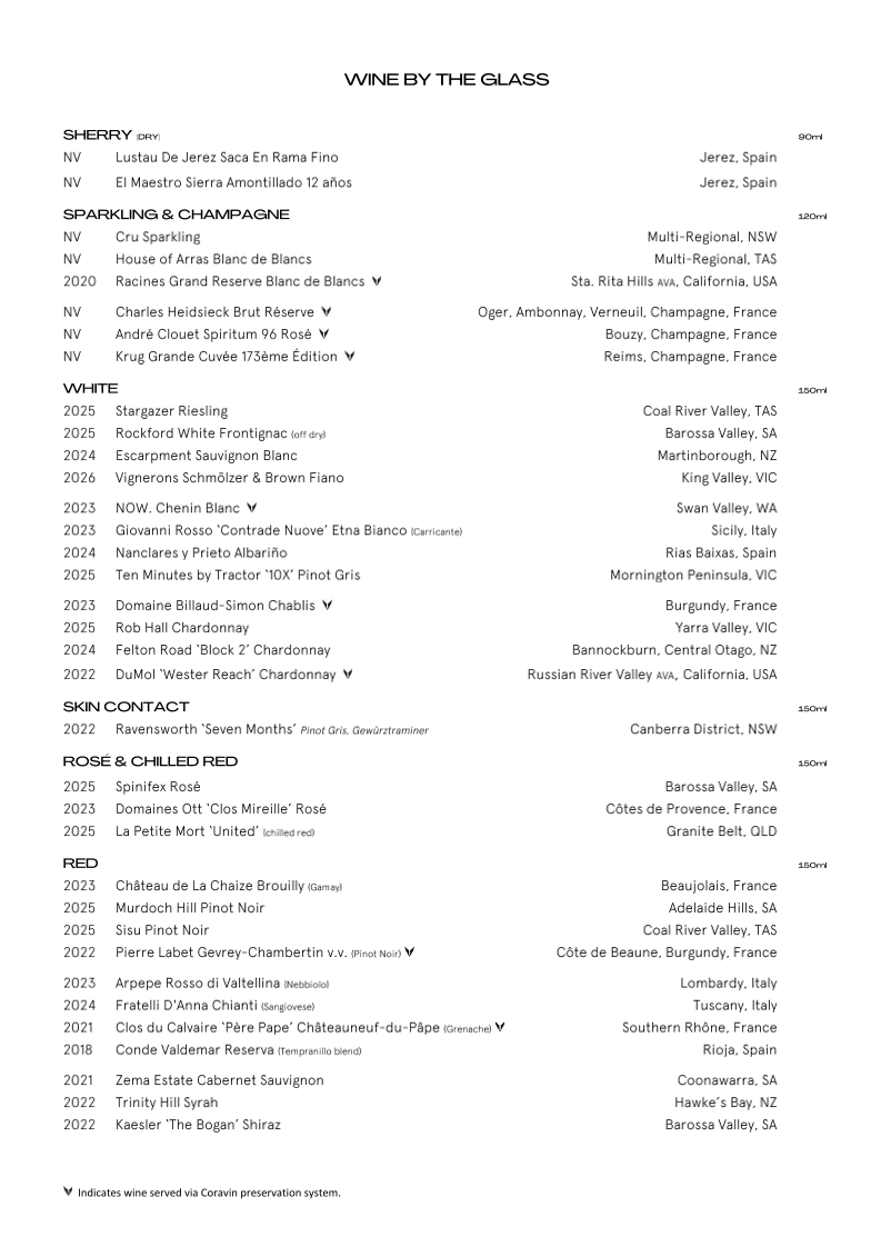 Menu, CRU Bar & Cellar