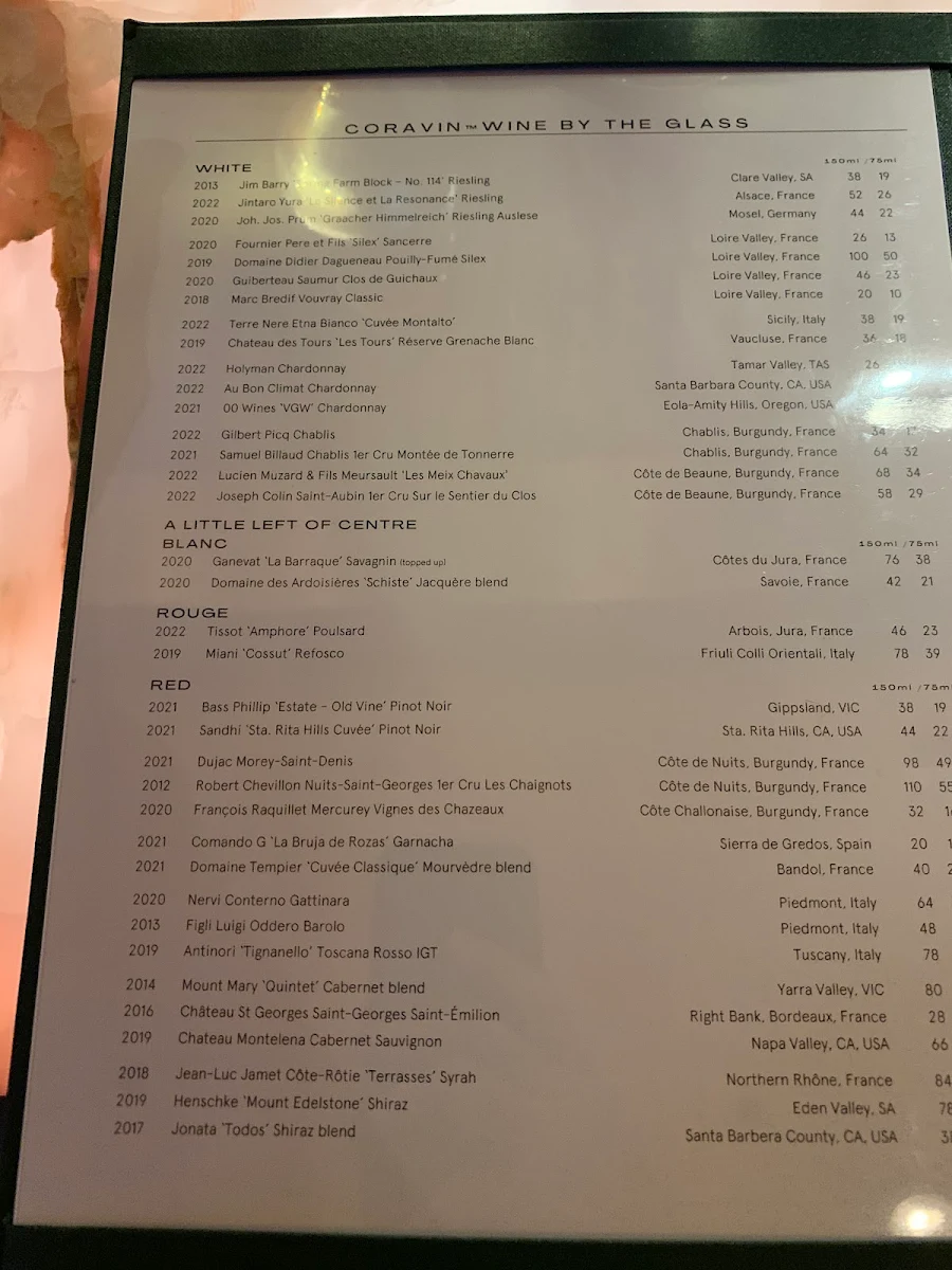 Menu, CRU Bar & Cellar