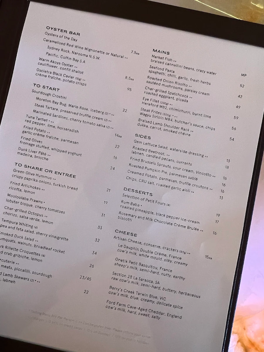 Menu, CRU Bar & Cellar