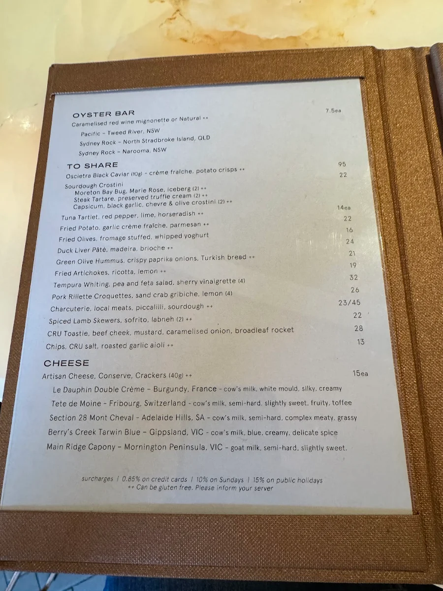 Menu, CRU Bar & Cellar