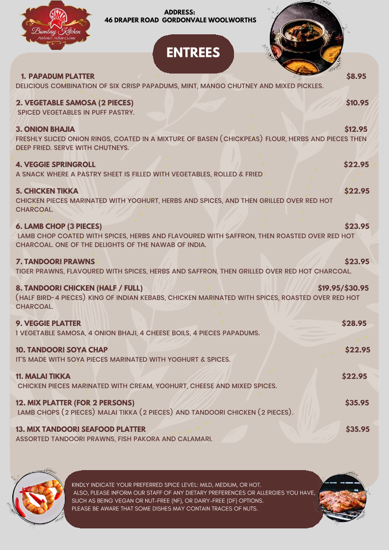 Menu, Bombay kitchen Gordonvale - Indian Restaurant