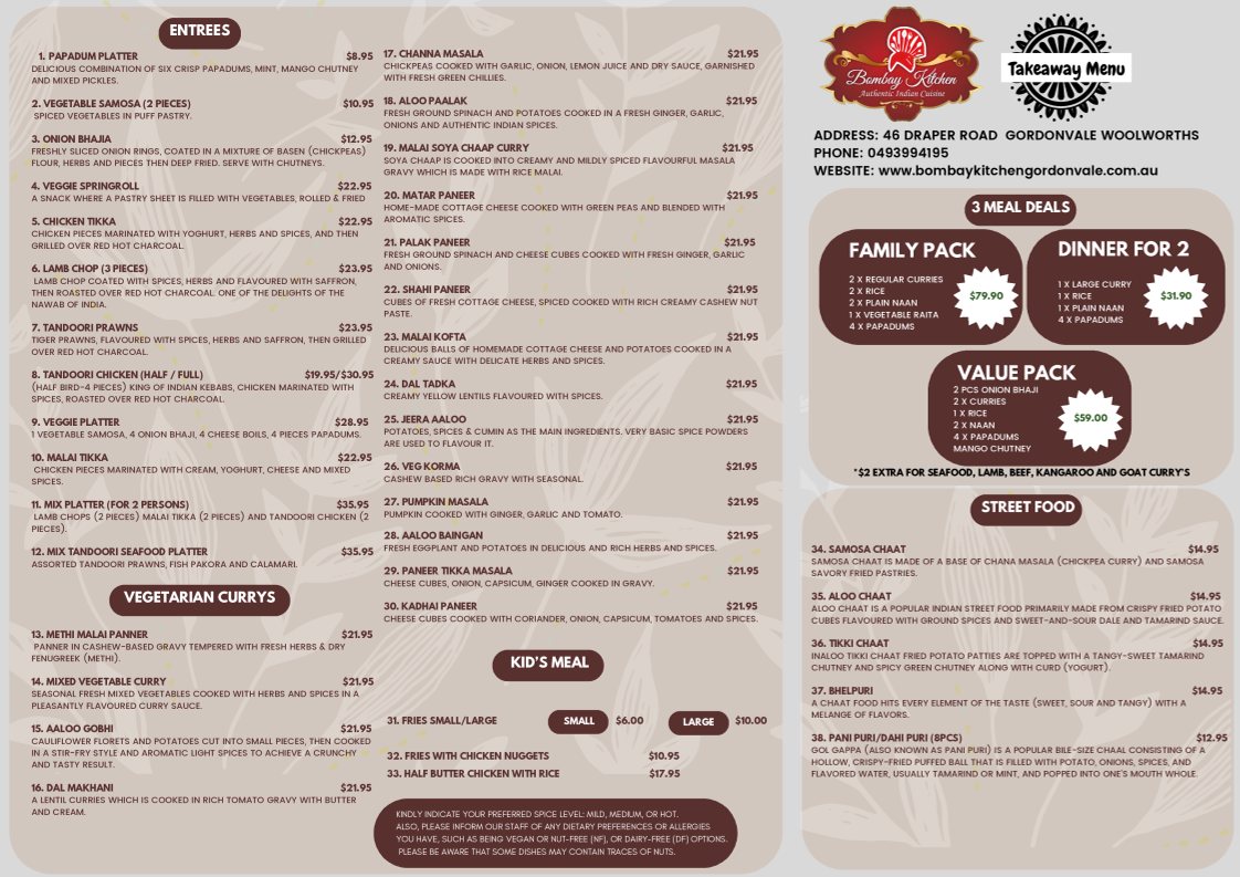 Menu, Bombay kitchen Gordonvale - Indian Restaurant