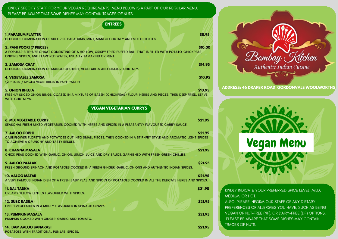 Menu, Bombay kitchen Gordonvale - Indian Restaurant