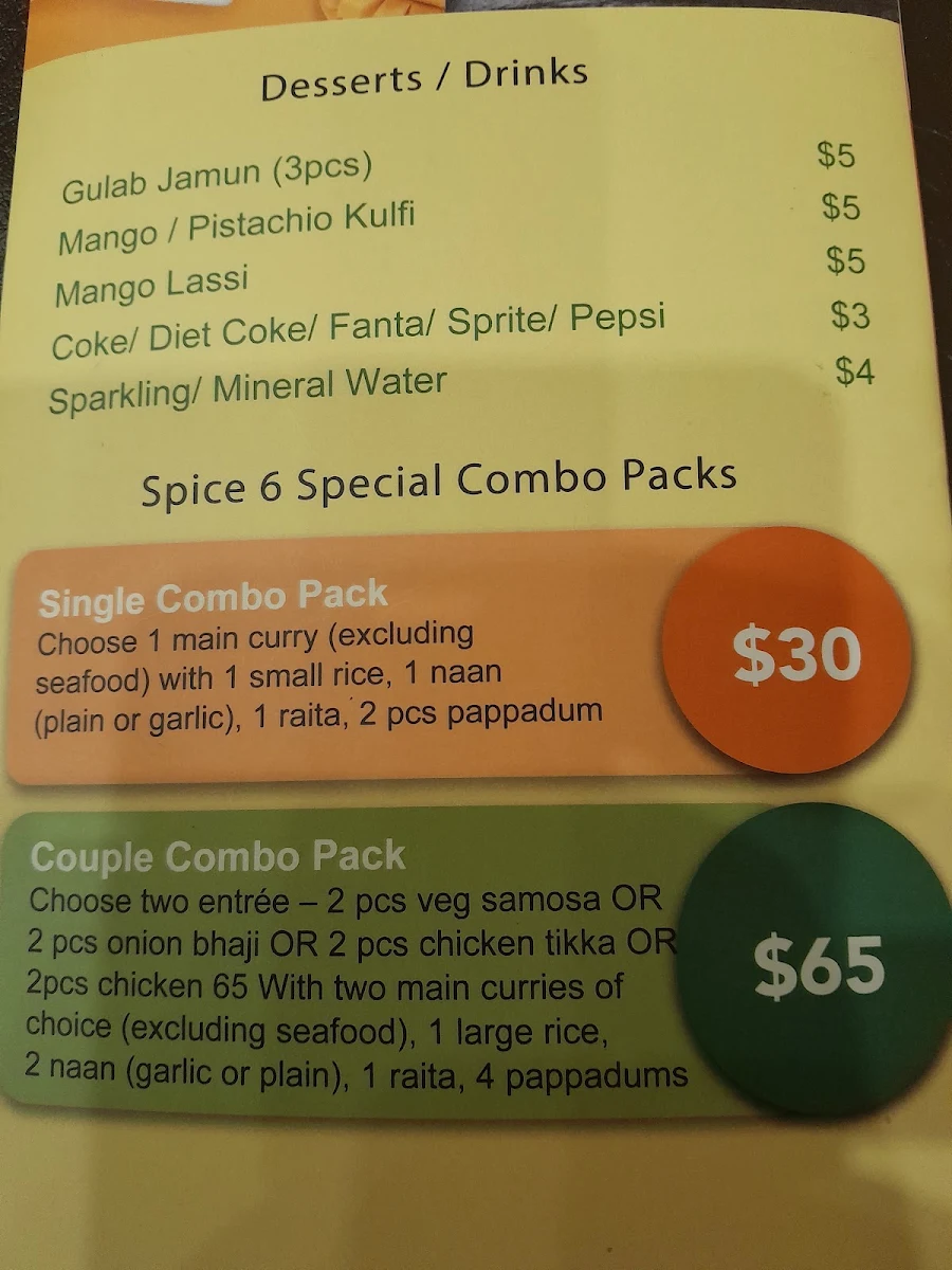Menu, Spice 6 Indian Restaurant