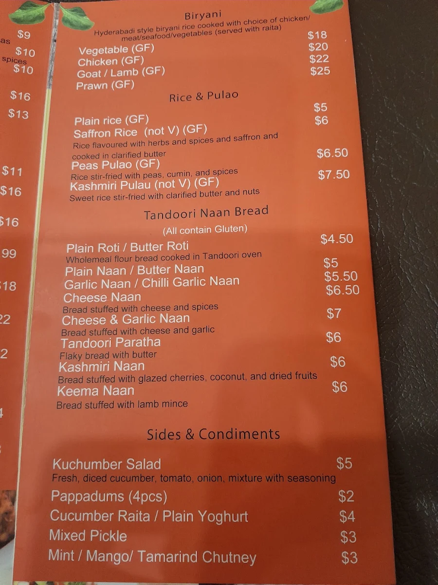 Menu, Spice 6 Indian Restaurant
