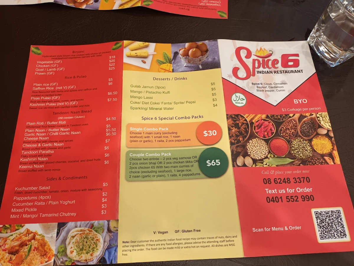 Menu, Spice 6 Indian Restaurant