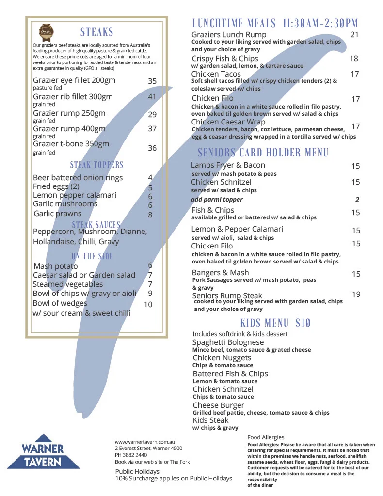 Menu, Warner Tavern