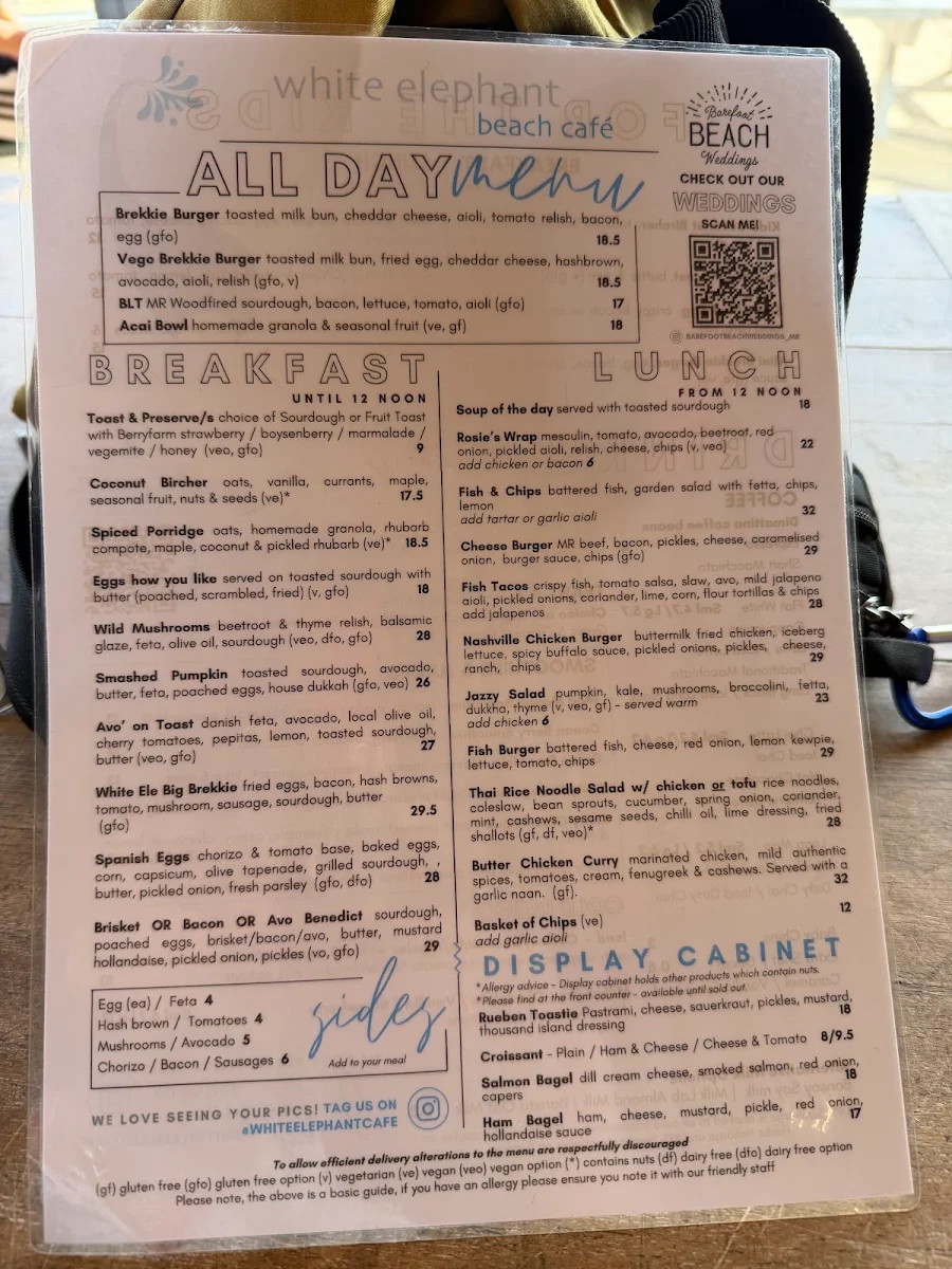 Menu, White Elephant Cafe - Margaret River