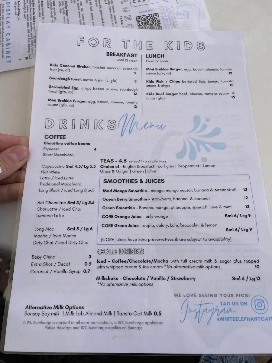 Menu, White Elephant Cafe - Margaret River