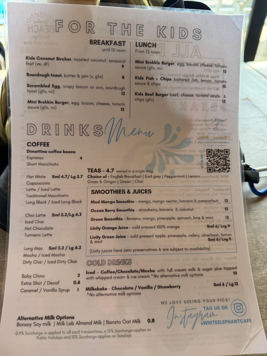 Menu, White Elephant Cafe - Margaret River