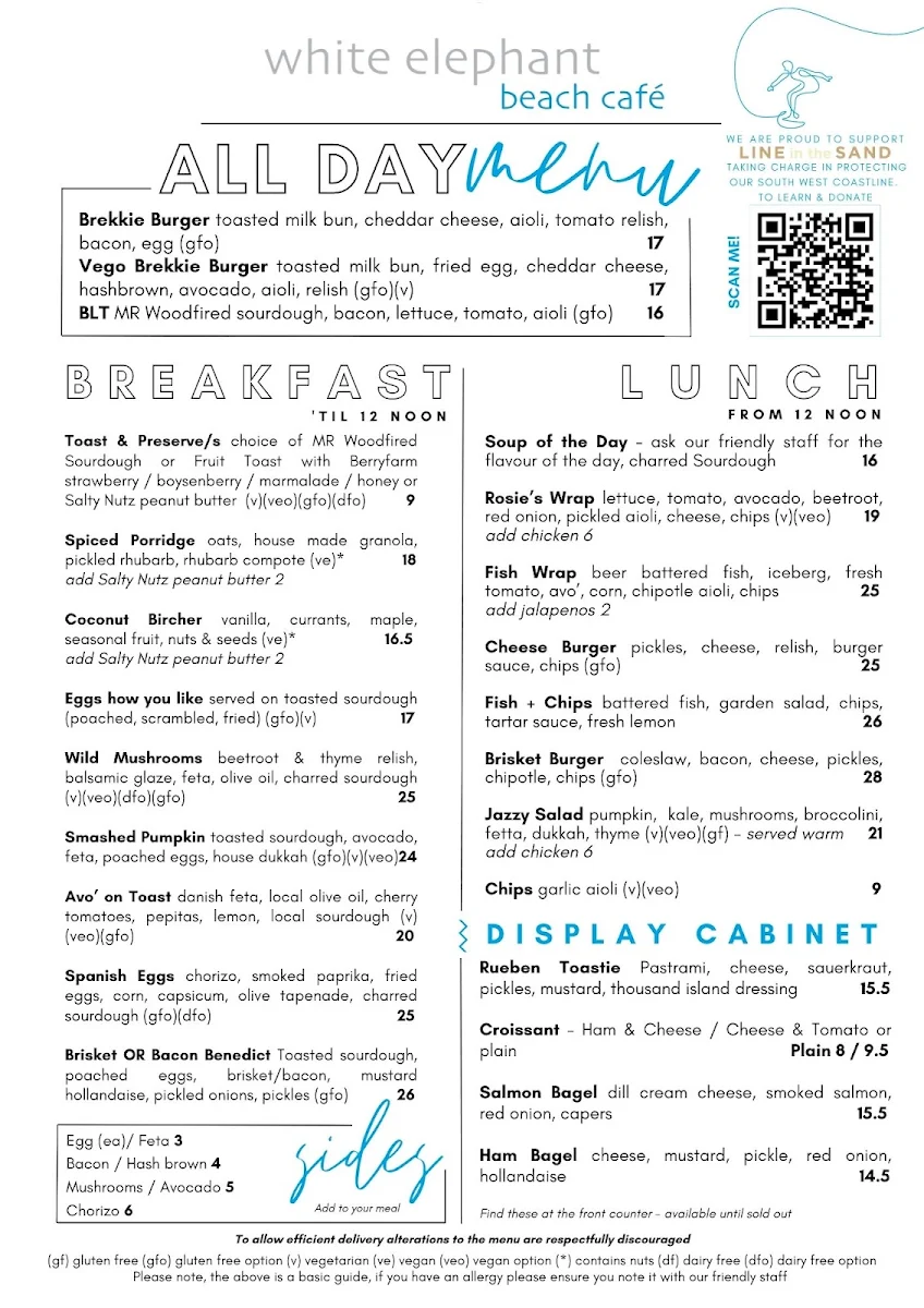 Menu, White Elephant Cafe - Margaret River