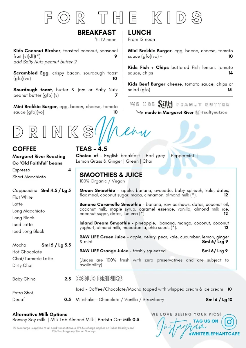 Menu, White Elephant Cafe - Margaret River