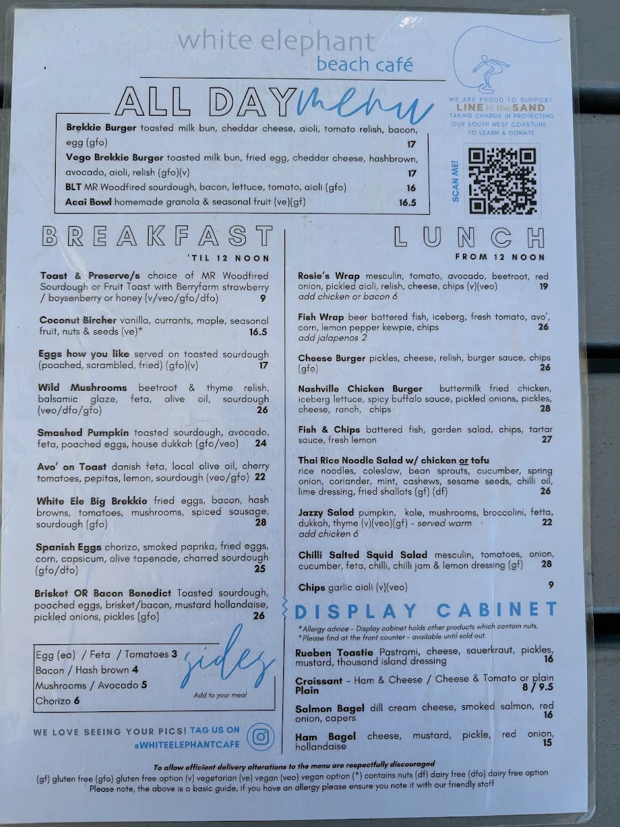Menu, White Elephant Cafe - Margaret River