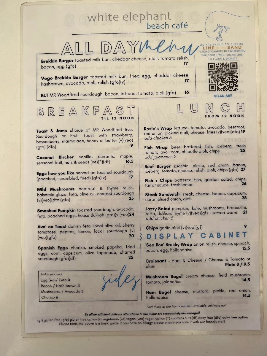 Menu, White Elephant Cafe - Margaret River