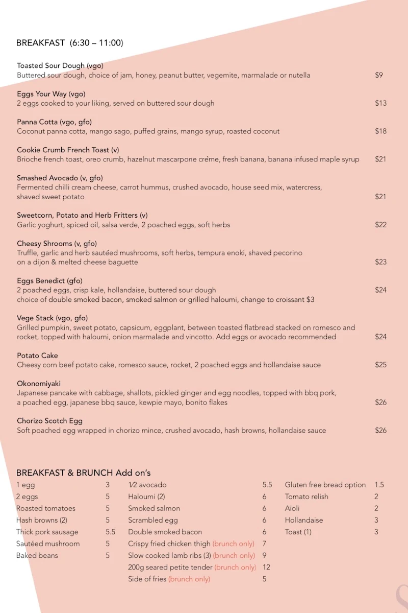 Menu, Paddington Social