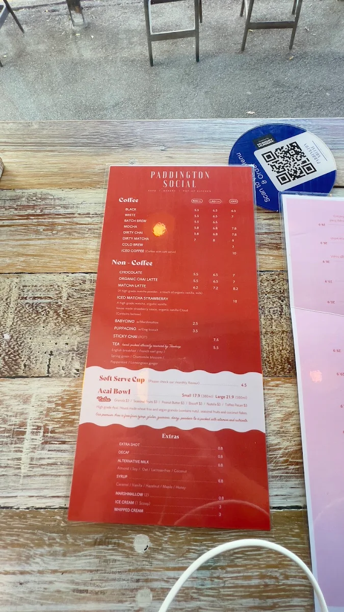 Menu, Paddington Social