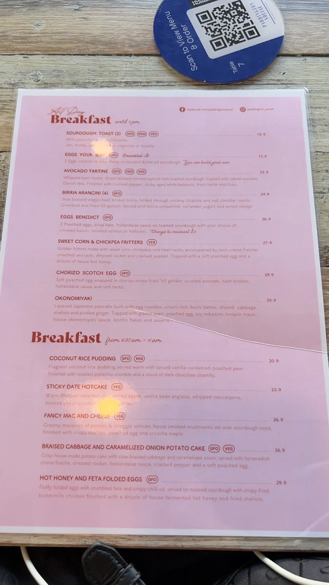 Menu, Paddington Social
