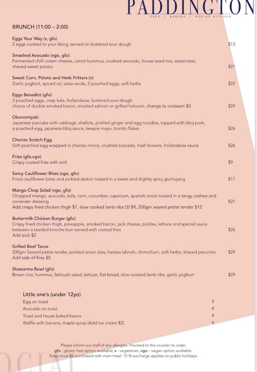Menu, Paddington Social