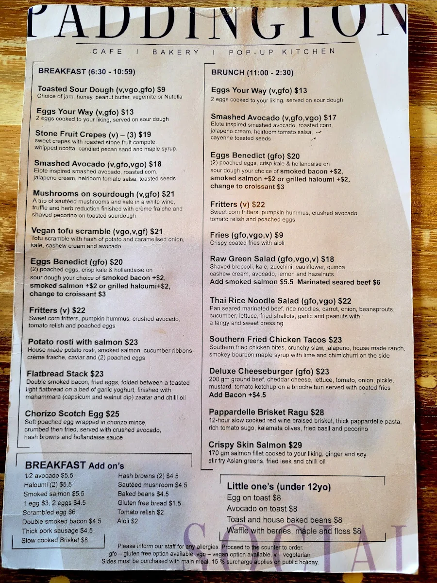Menu, Paddington Social