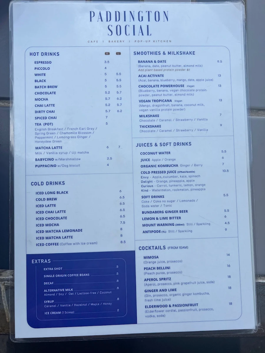 Menu, Paddington Social