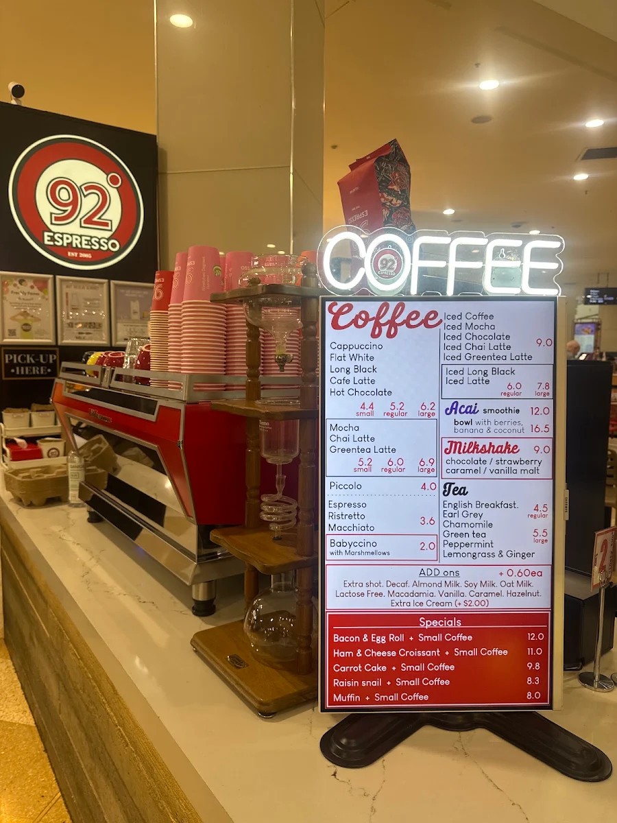 Menu, Ninetytwo Degrees Espresso