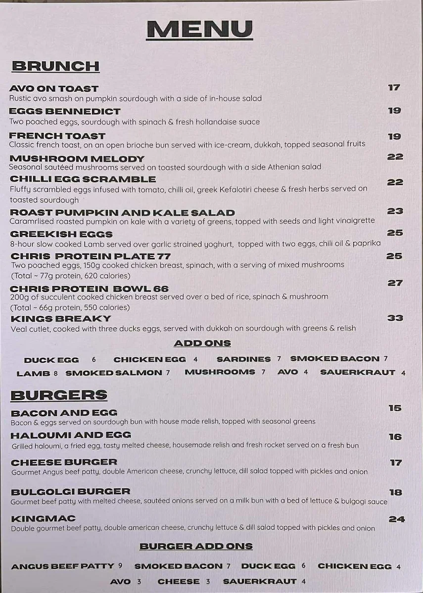 Menu, Caffeine Kings