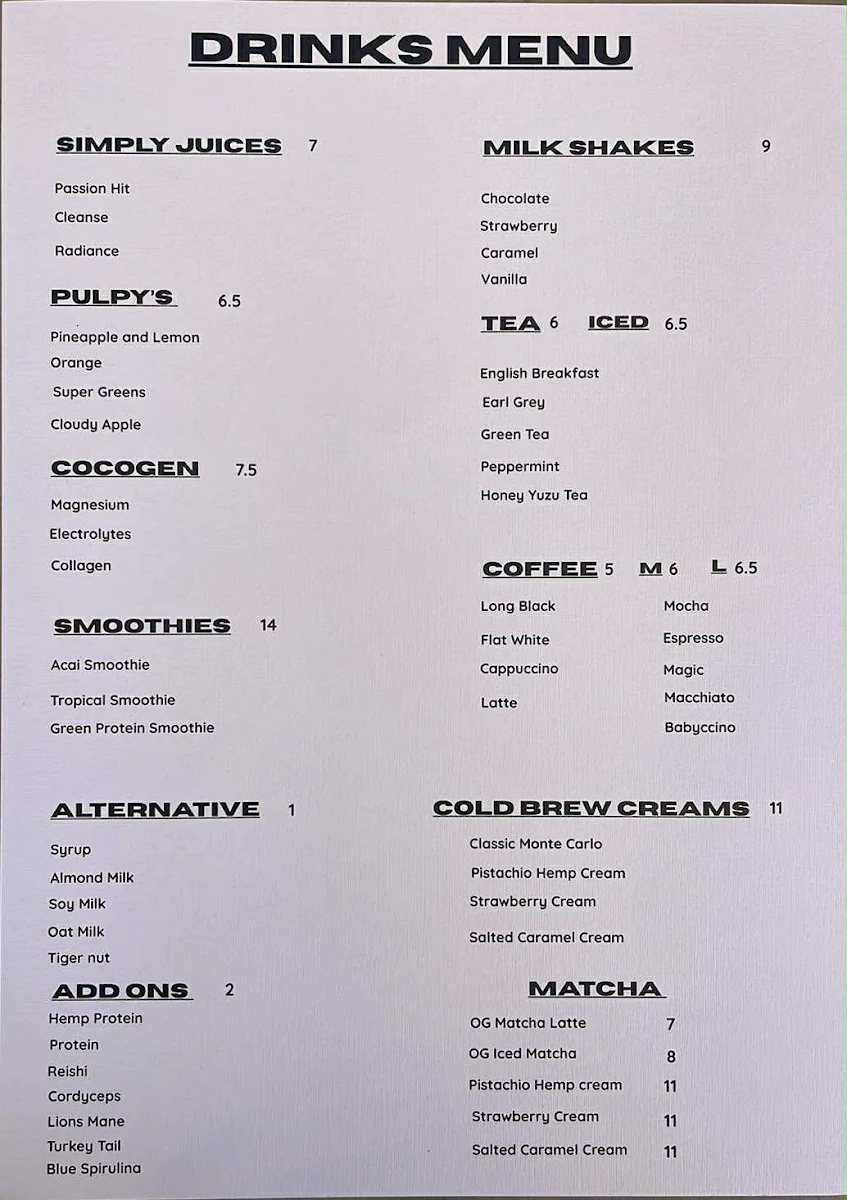 Menu, Caffeine Kings