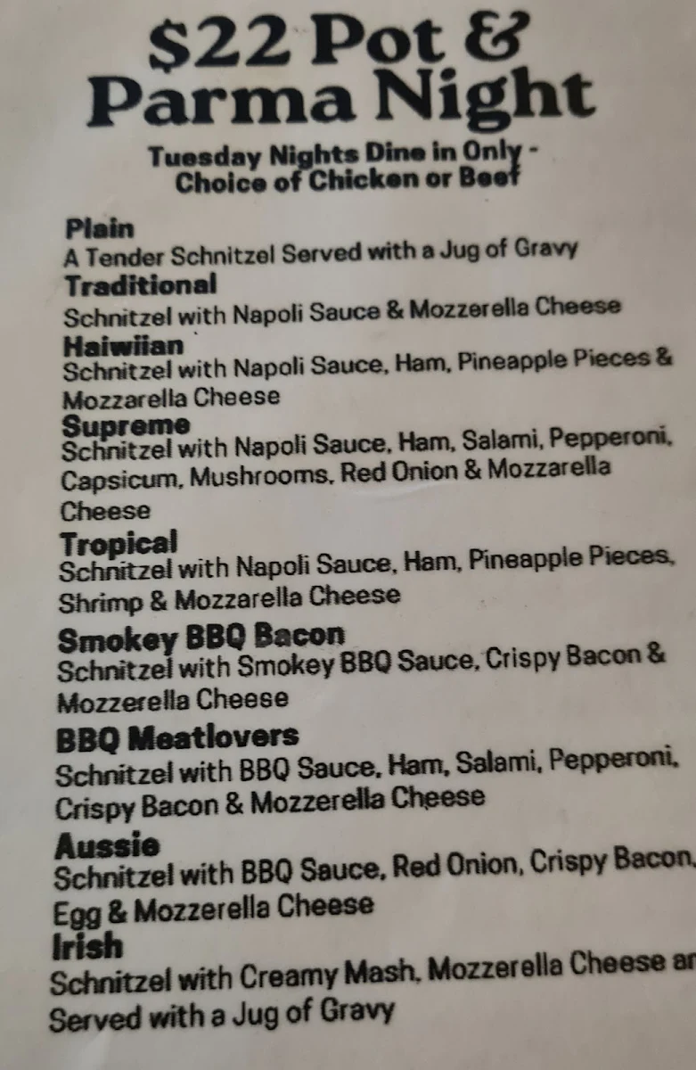 Menu, Commercial Hotel Lake Boga