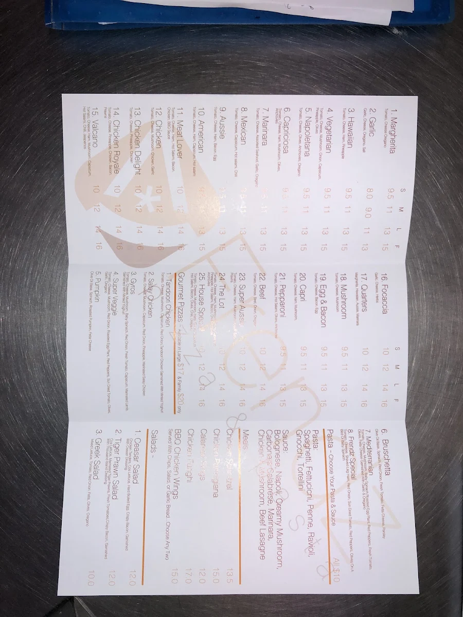 Menu, The Frendz Pizza and Pasta