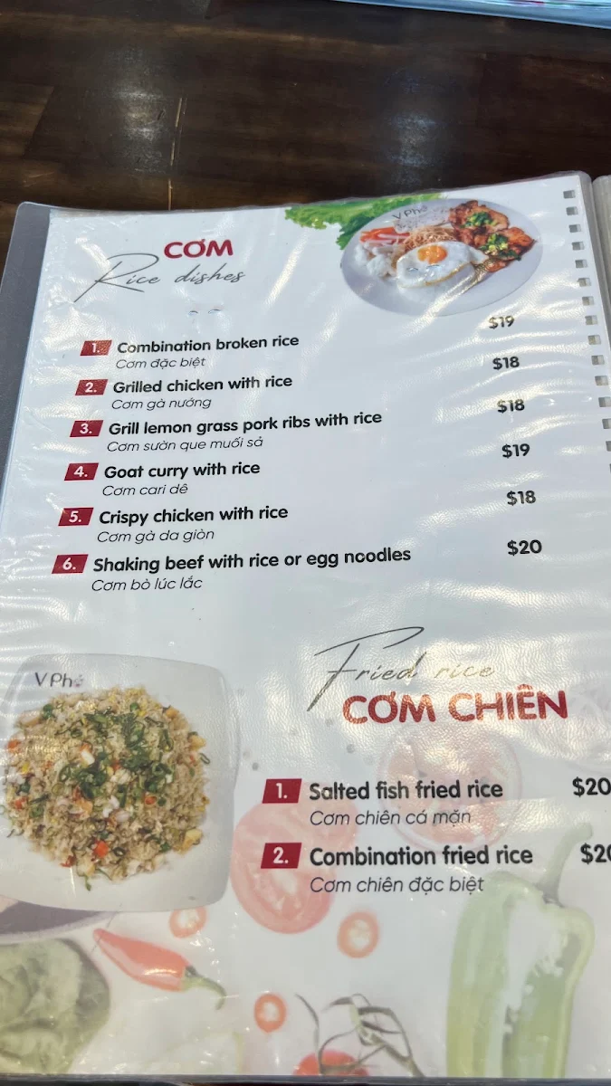 Menu, V Pho