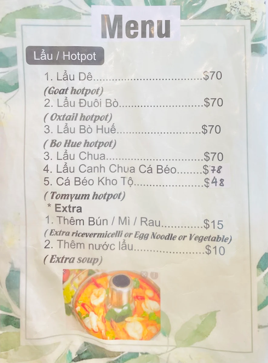 Menu, V Pho