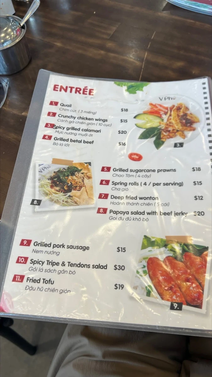 Menu, V Pho