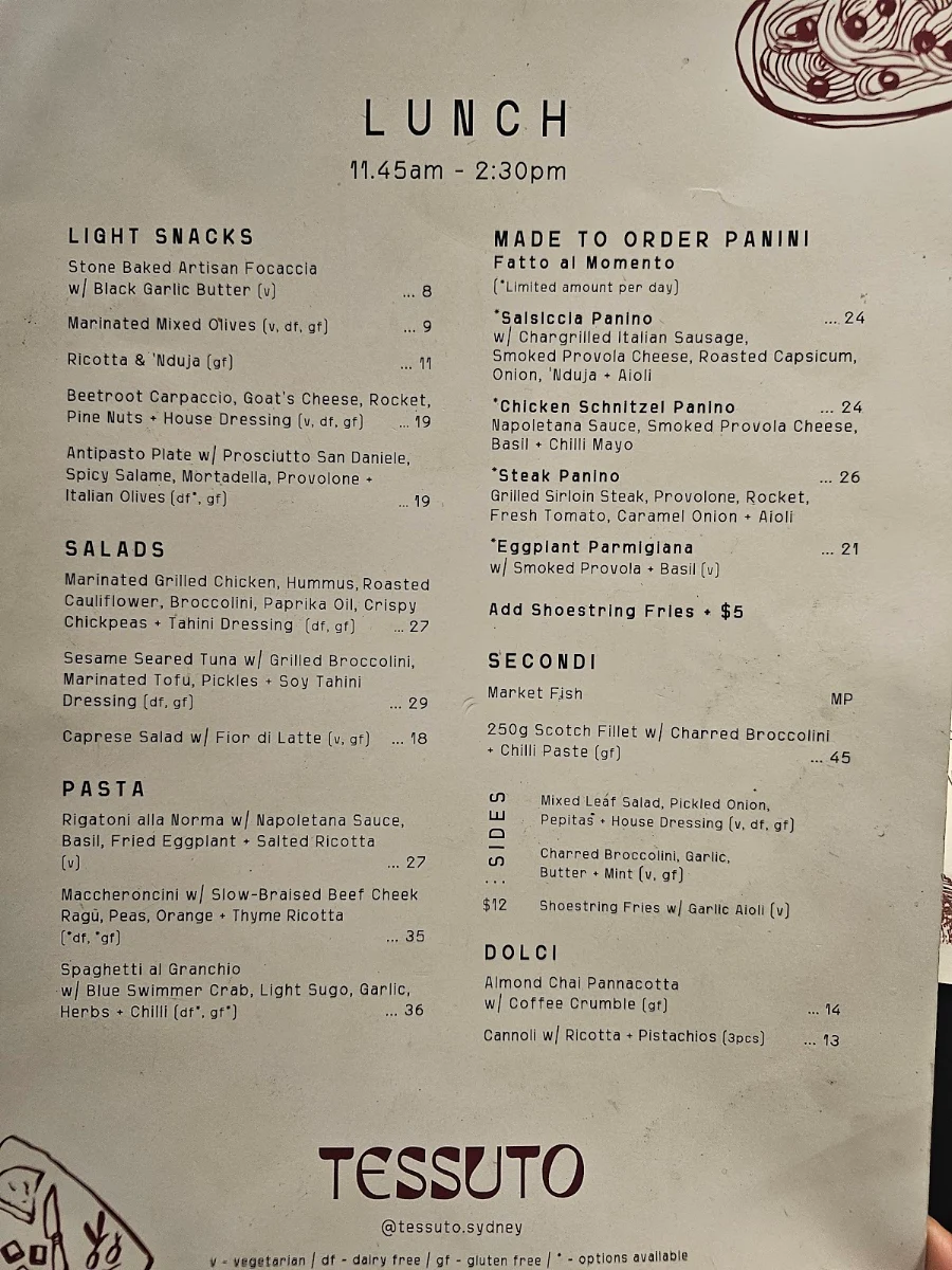 Menu, Tessuto