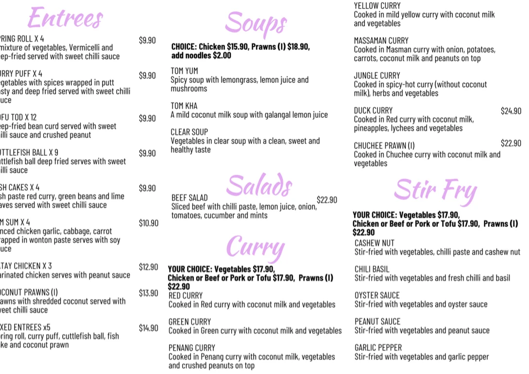 Menu, Thai Connextion
