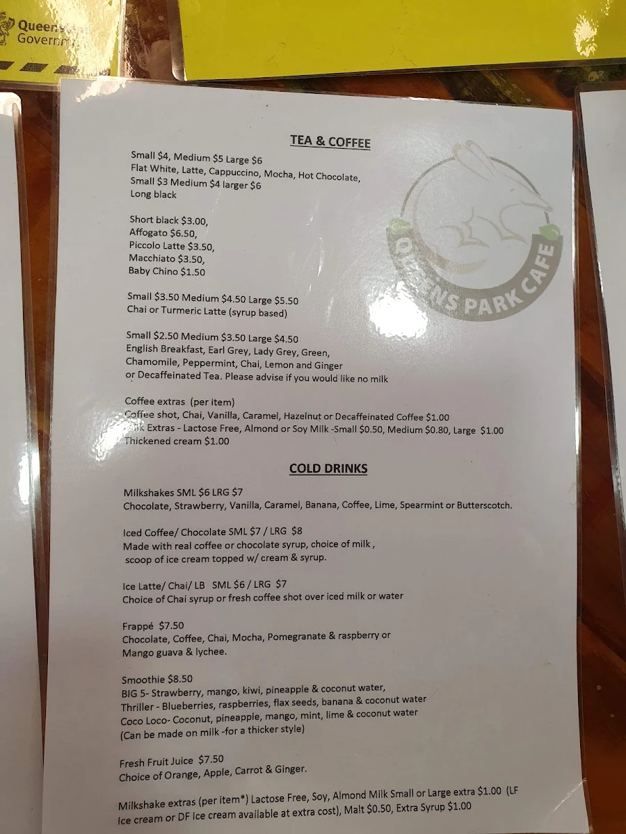 Menu, Queens Park Cafe & Kiosk
