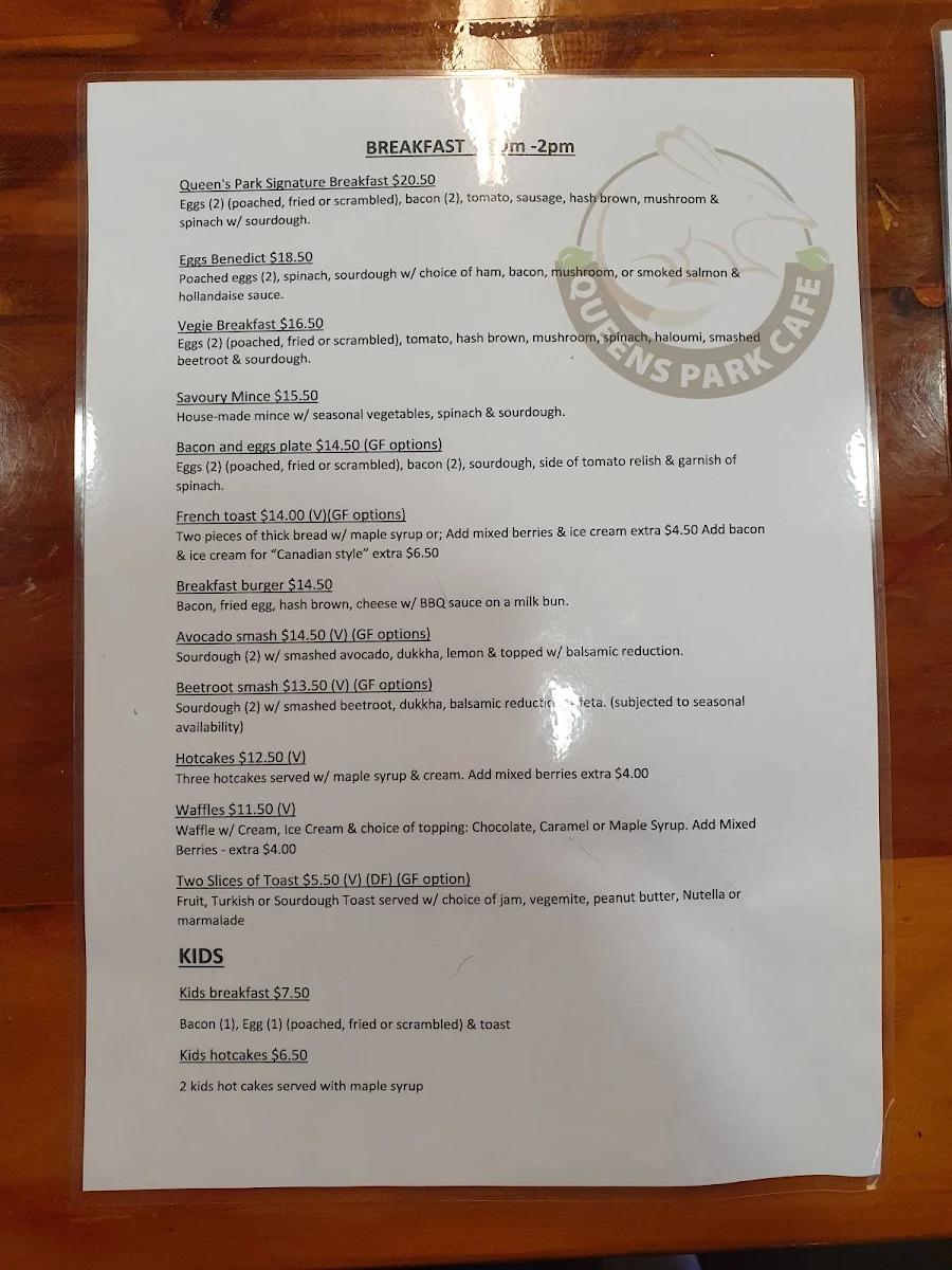 Menu, Queens Park Cafe & Kiosk
