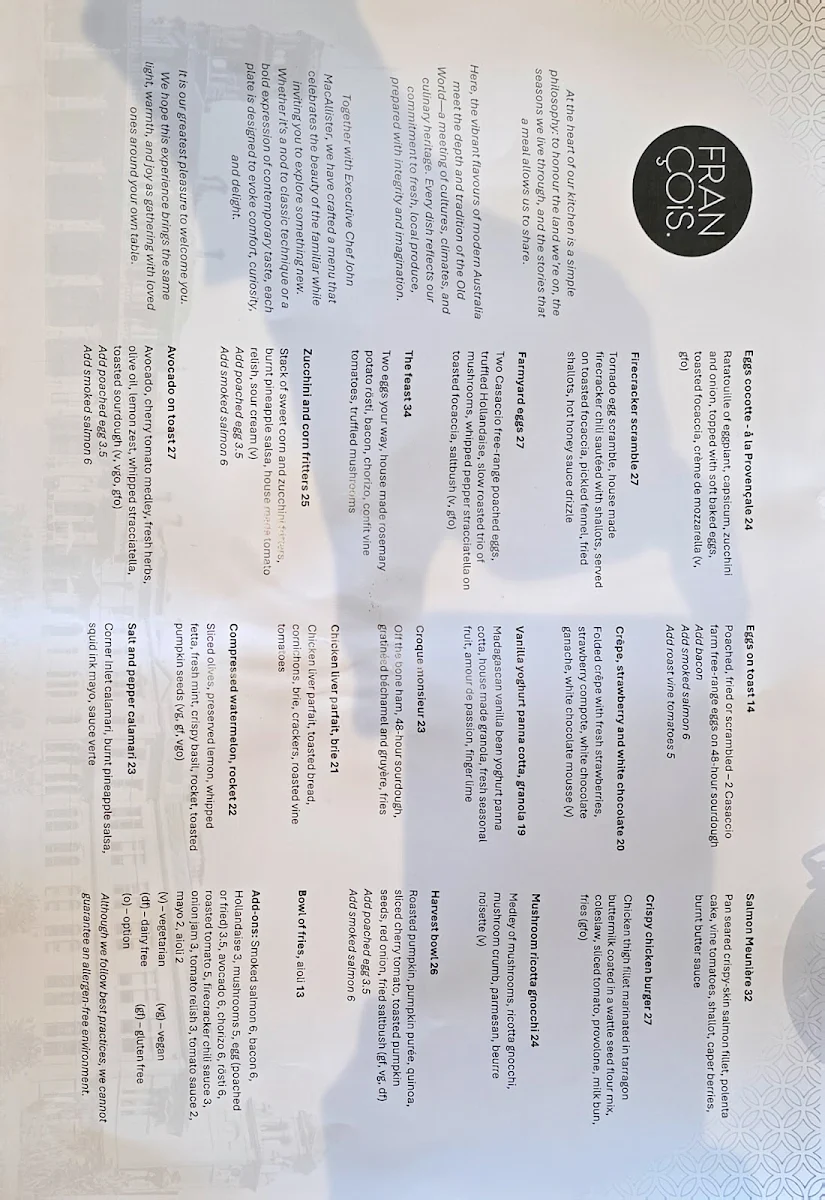 Menu, François Eatery