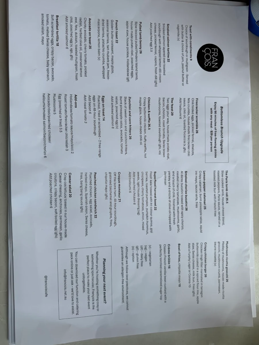 Menu, François Eatery