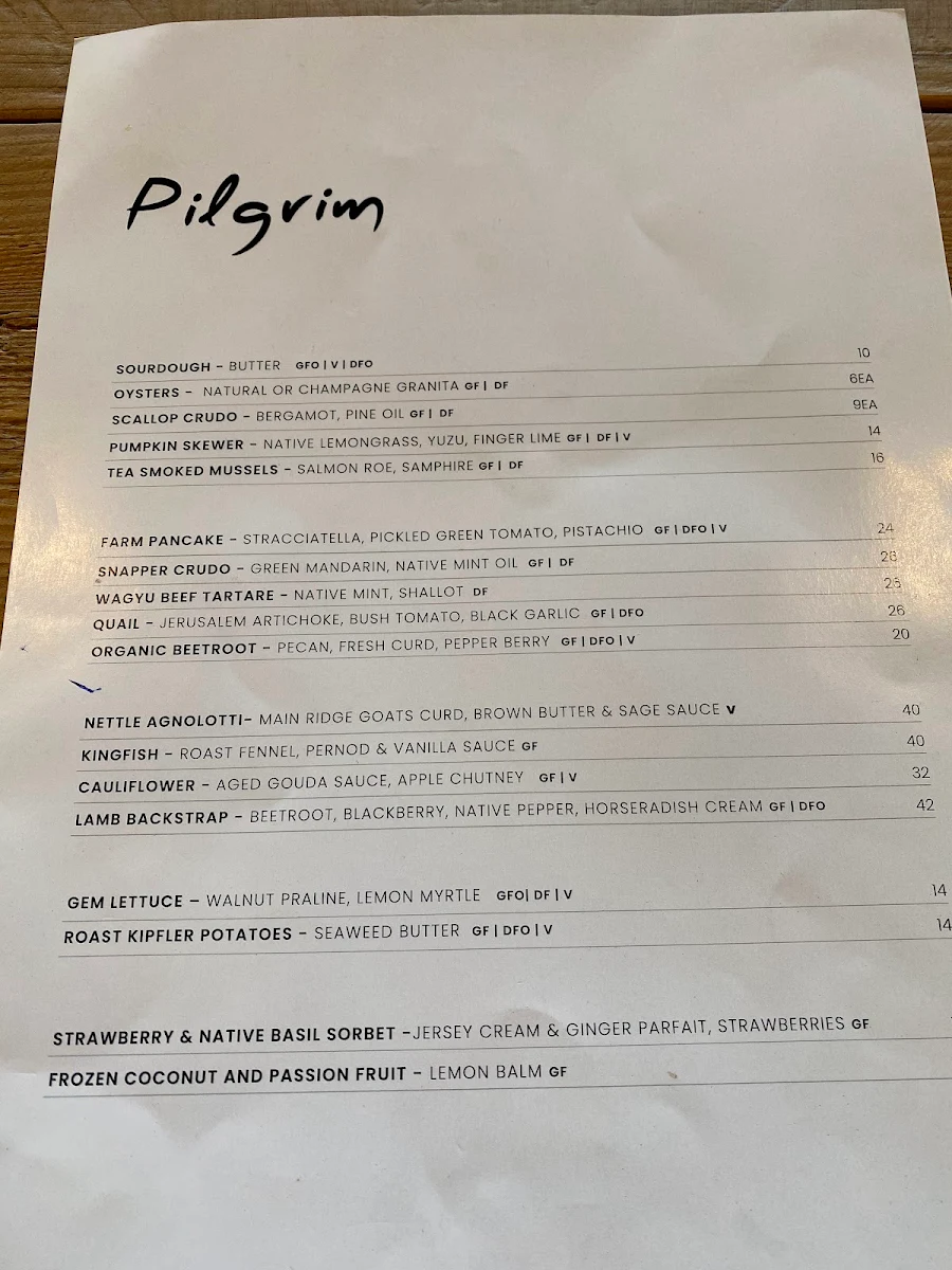 Menu, Pilgrim Dining