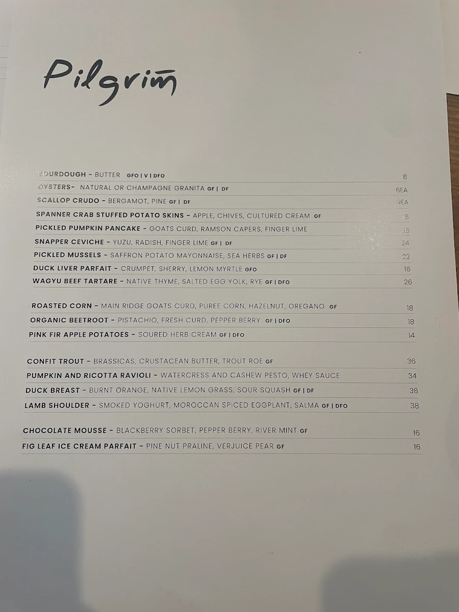 Menu, Pilgrim Dining