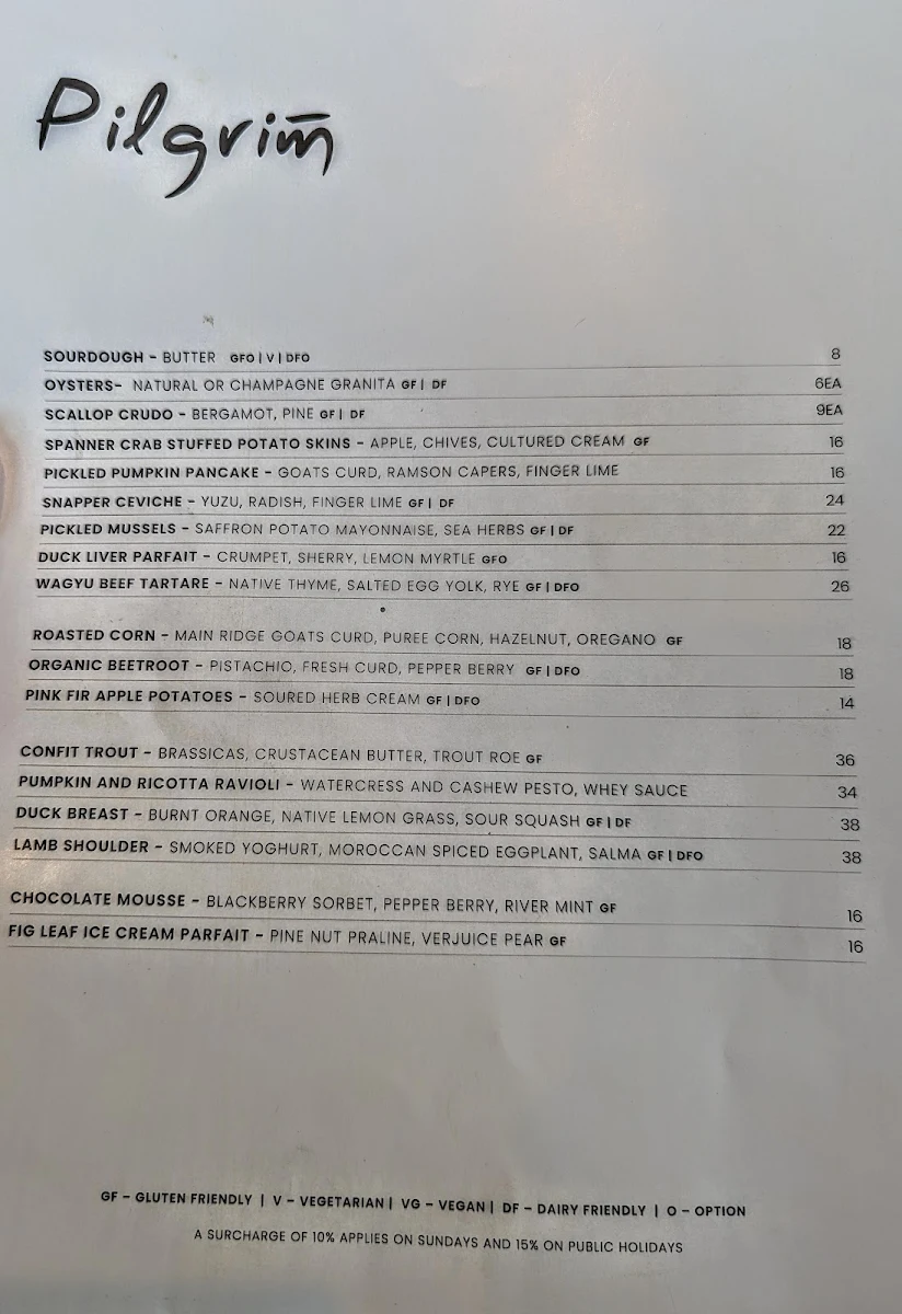 Menu, Pilgrim Dining