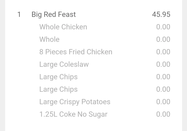 Menu, Red Rooster Camp Hill