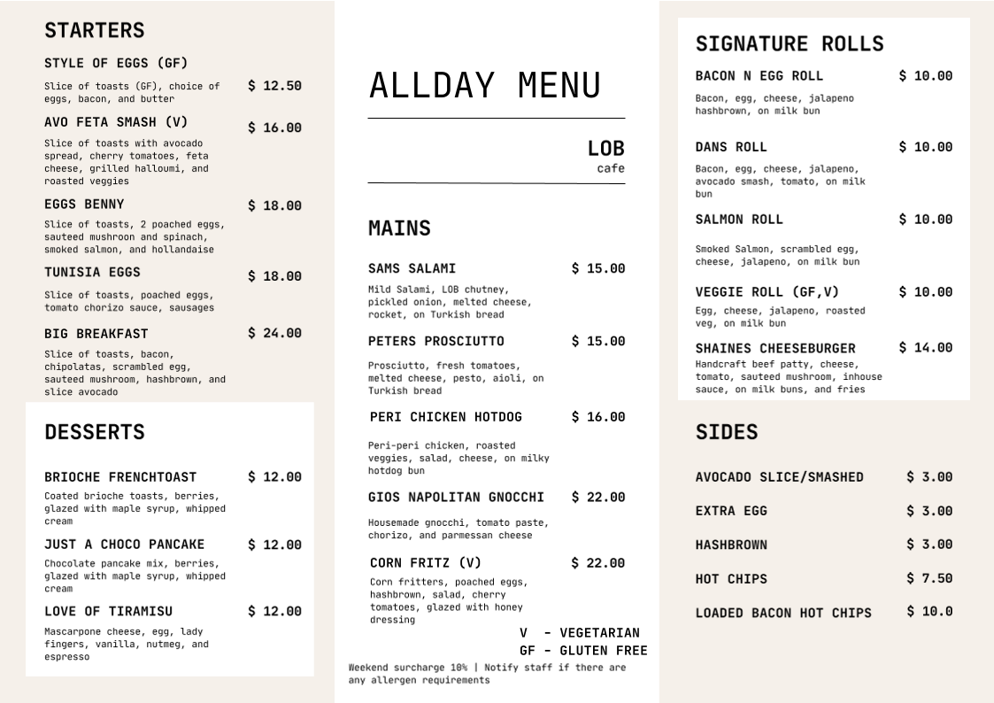 Menu, LOB Cafe