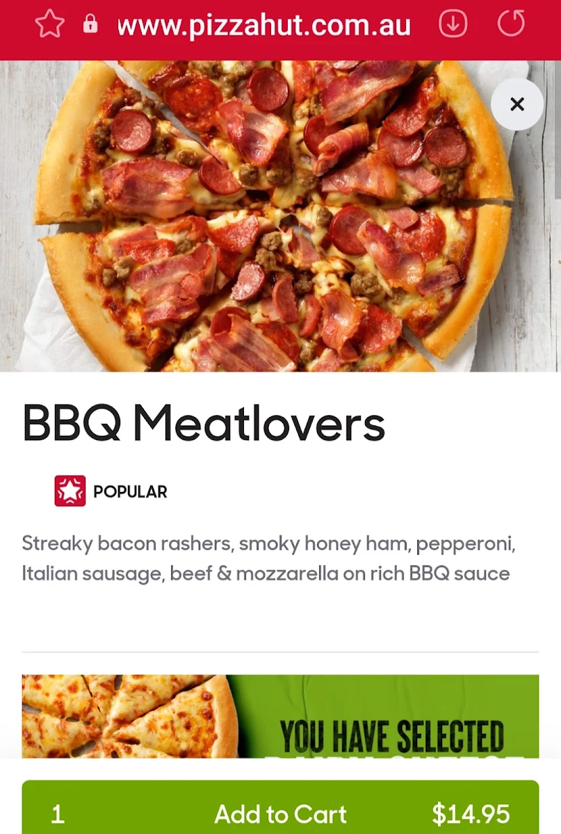 Menu, Pizza Hut Springwood