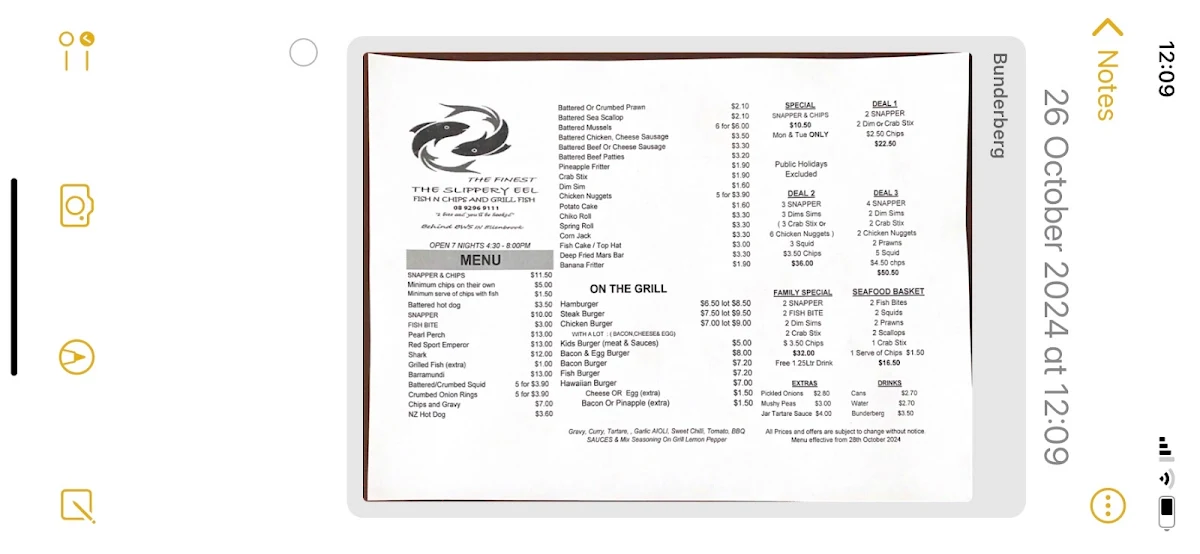 Menu, The Slippery Eel