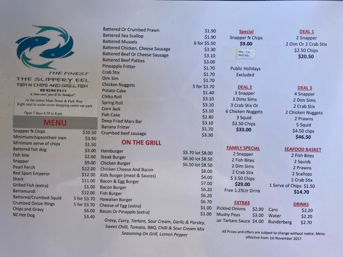 Menu, The Slippery Eel